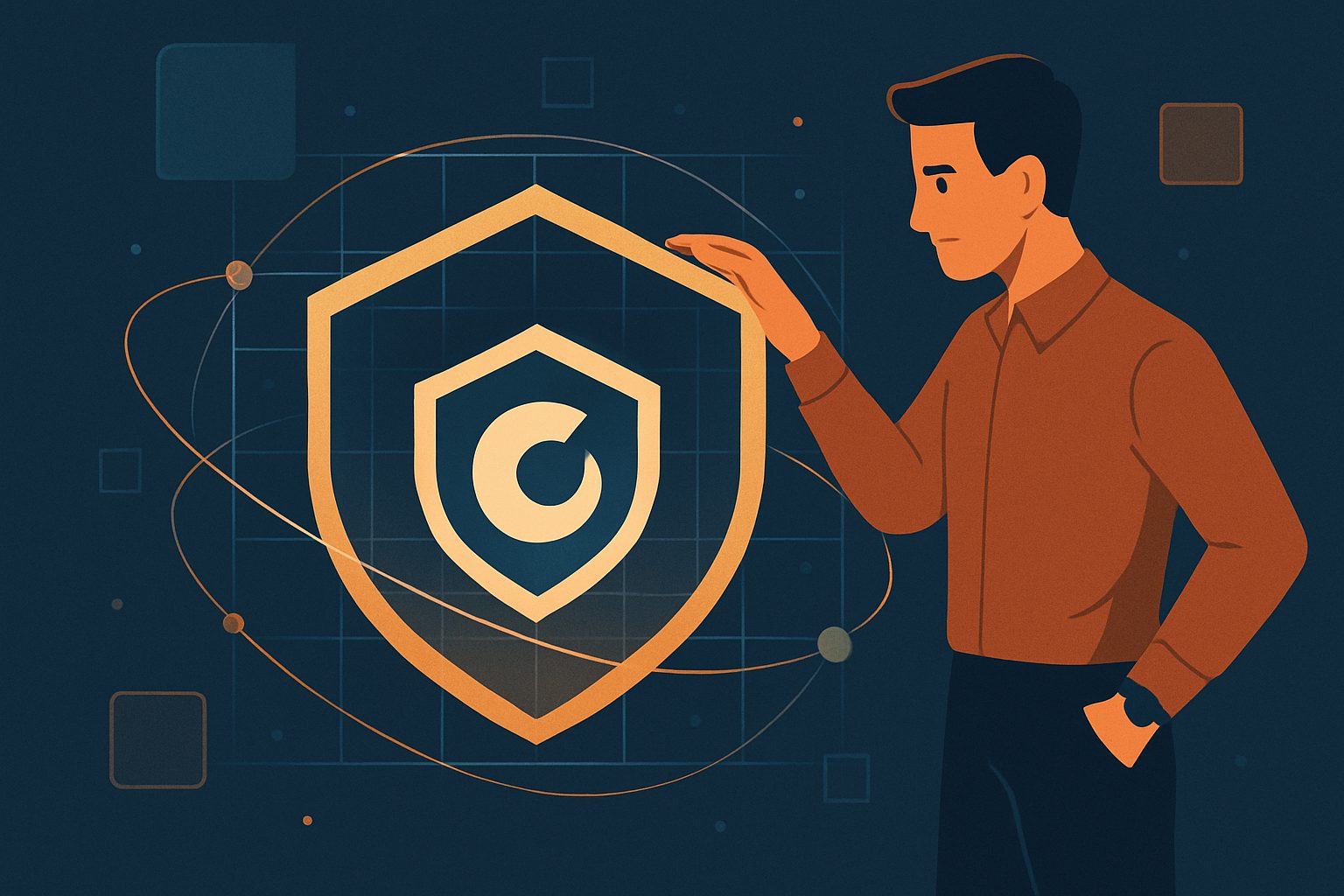 Illustrazione concettuale che rappresenta la protezione di un logo all’interno di un sistema visivo strutturato, con elementi grafici che suggeriscono sicurezza, coerenza e controllo.