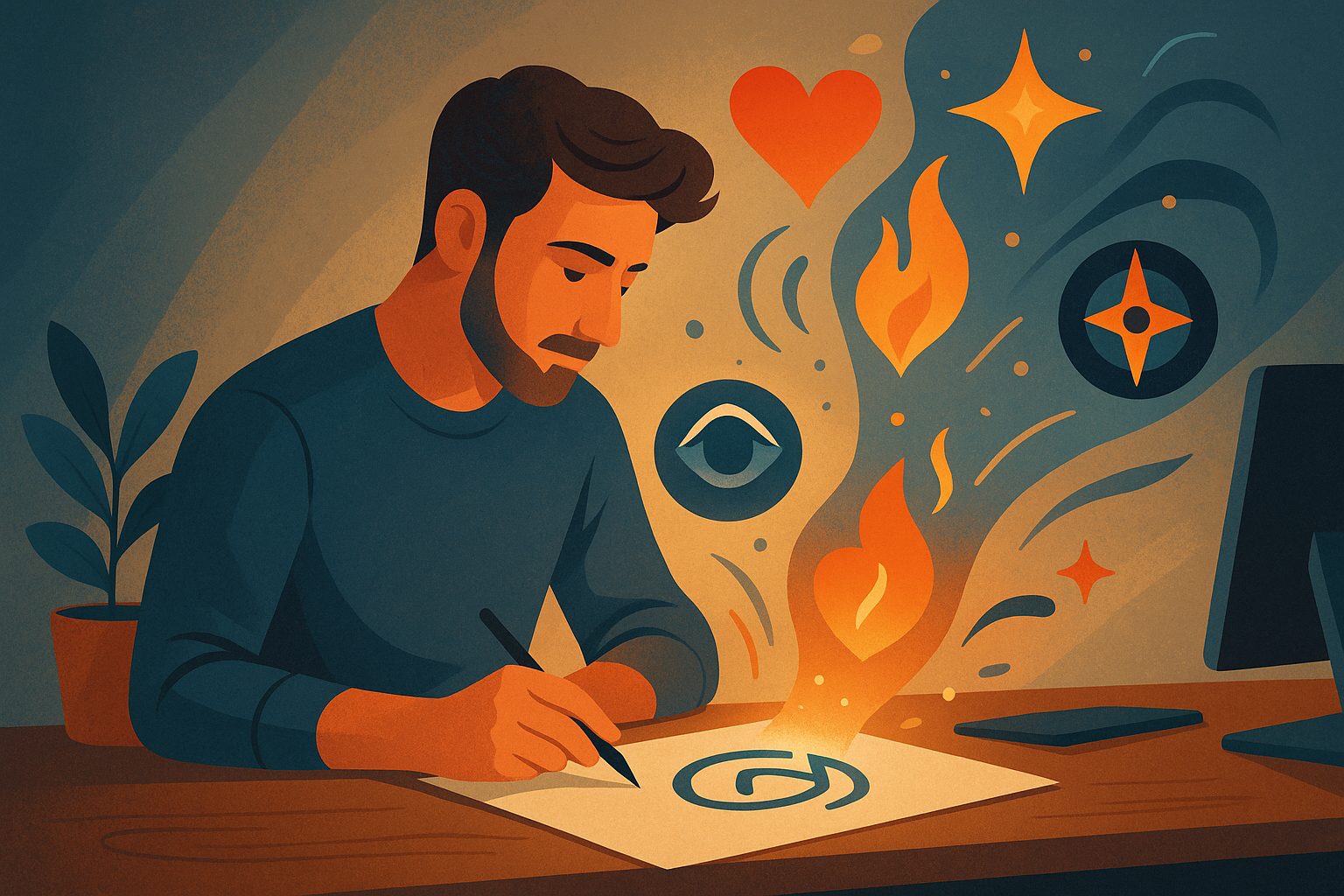 Illustrazione simbolica che rappresenta un logo come sintesi narrativa: elementi grafici che evocano storia, missione e valori aziendali attraverso il design.