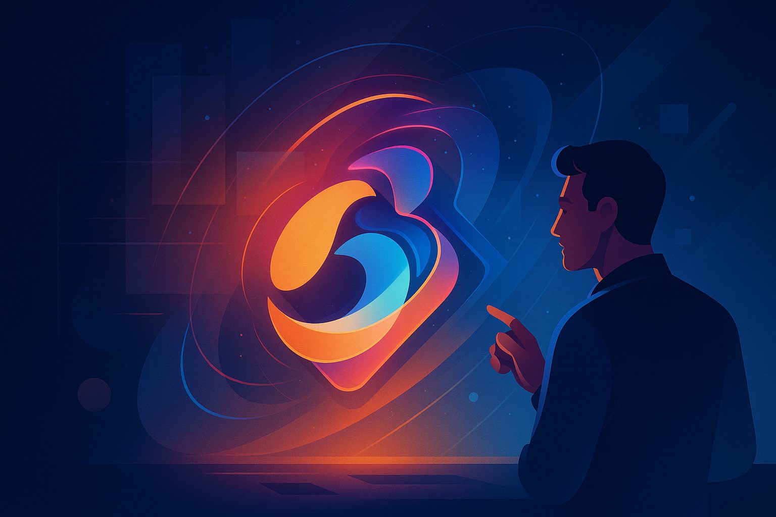 Illustrazione astratta che rappresenta l’evoluzione dei loghi nel tempo: elementi dinamici, modulari e digital-first che simboleggiano il futuro del branding.
